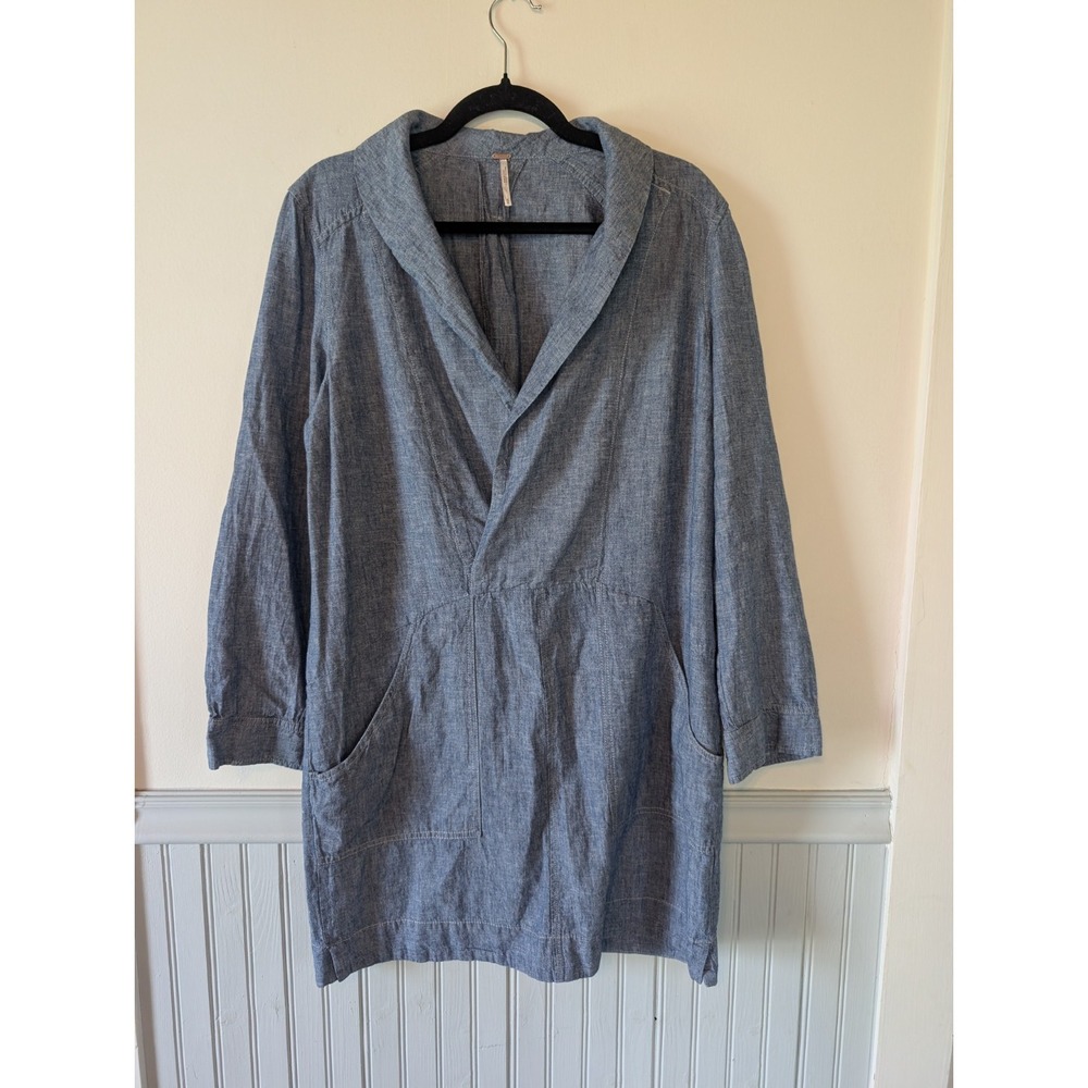 Free People Chambray Mini Dress Medium Linen Boho Western Classic Beach Coastal